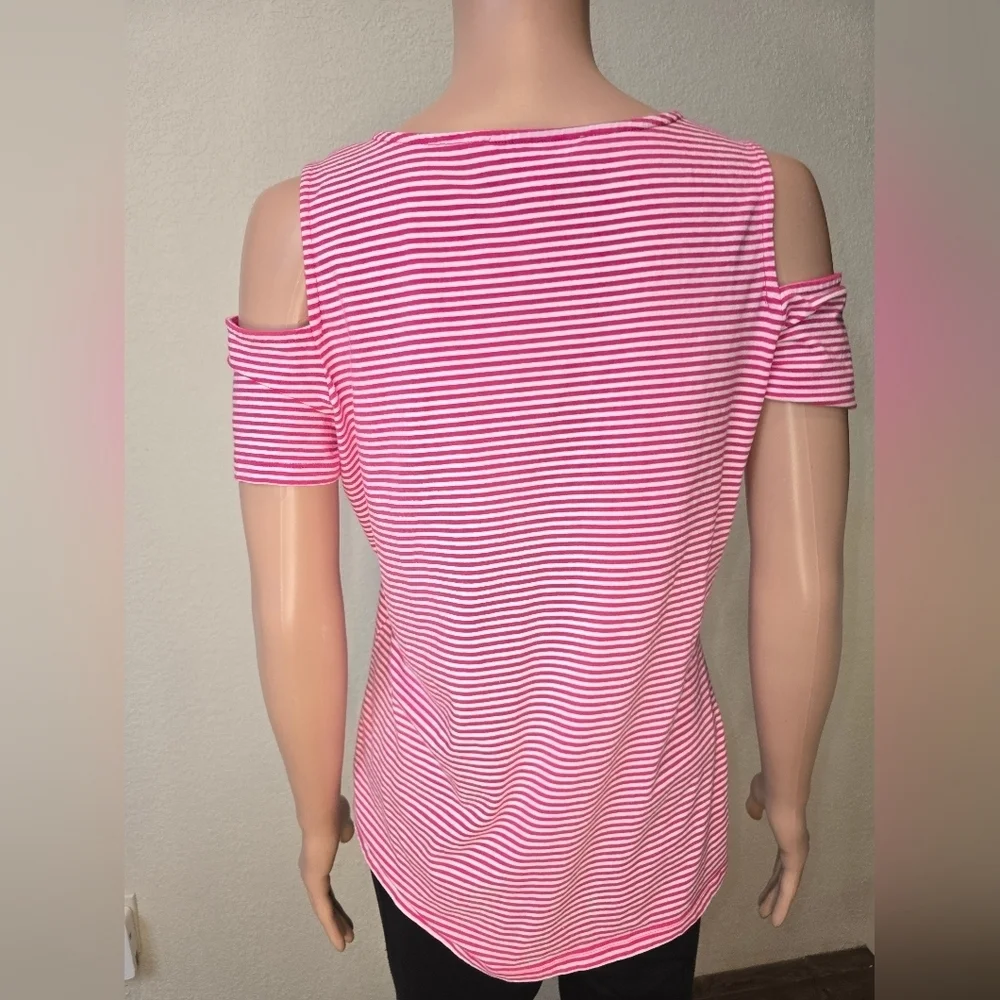 Michael Michael Kors Women's Md Top Striped Pink White Cold Shoulder Sleeve Logo
